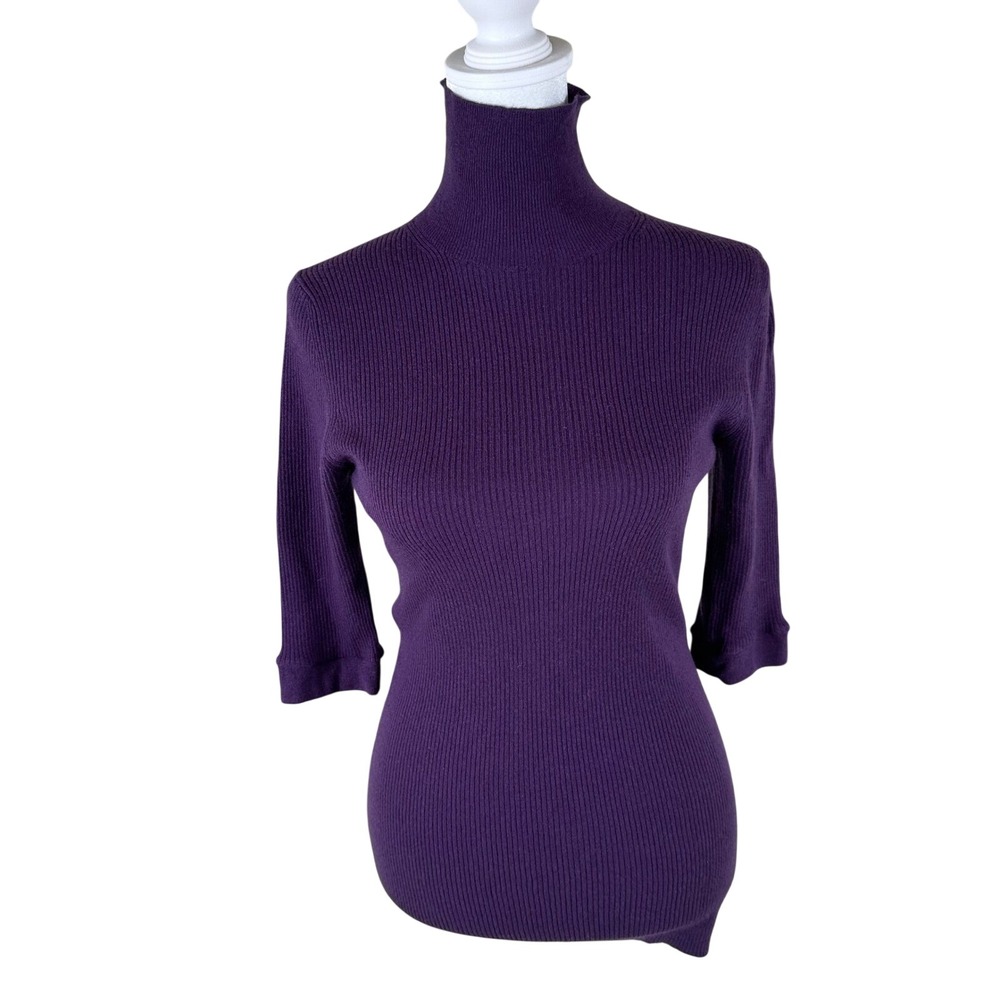 VTG Burberry Turtleneckβ Sweater Womens M Purple 100% Cashmere Short Sleeve Knit